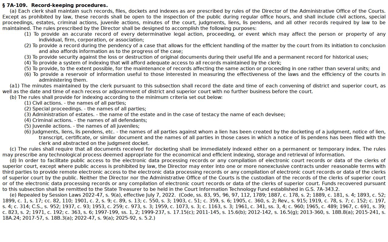 North Carolina public-inspection statute for Clerk court records and dockets
