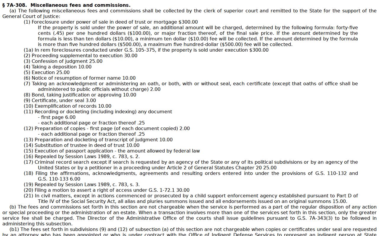North Carolina statute page for Clerk copy, certification, and exemplification fees