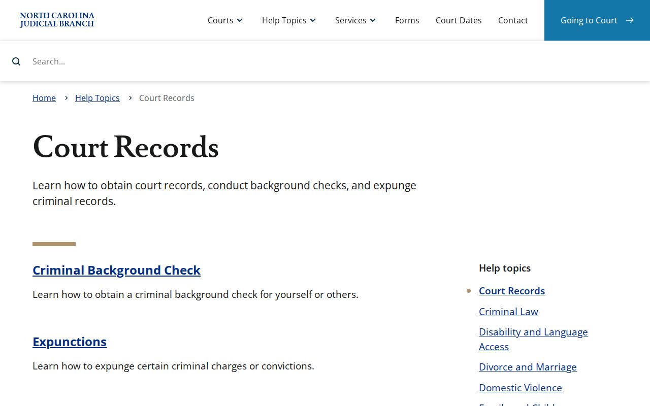 North Carolina Court Records help topic for official record-access paths