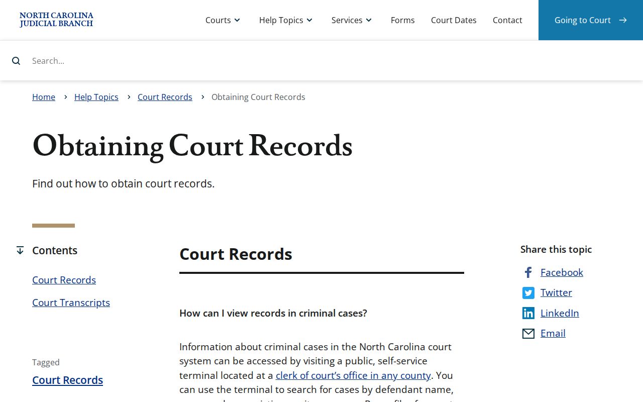 North Carolina Judicial Branch court-records guidance for Clerk terminal access