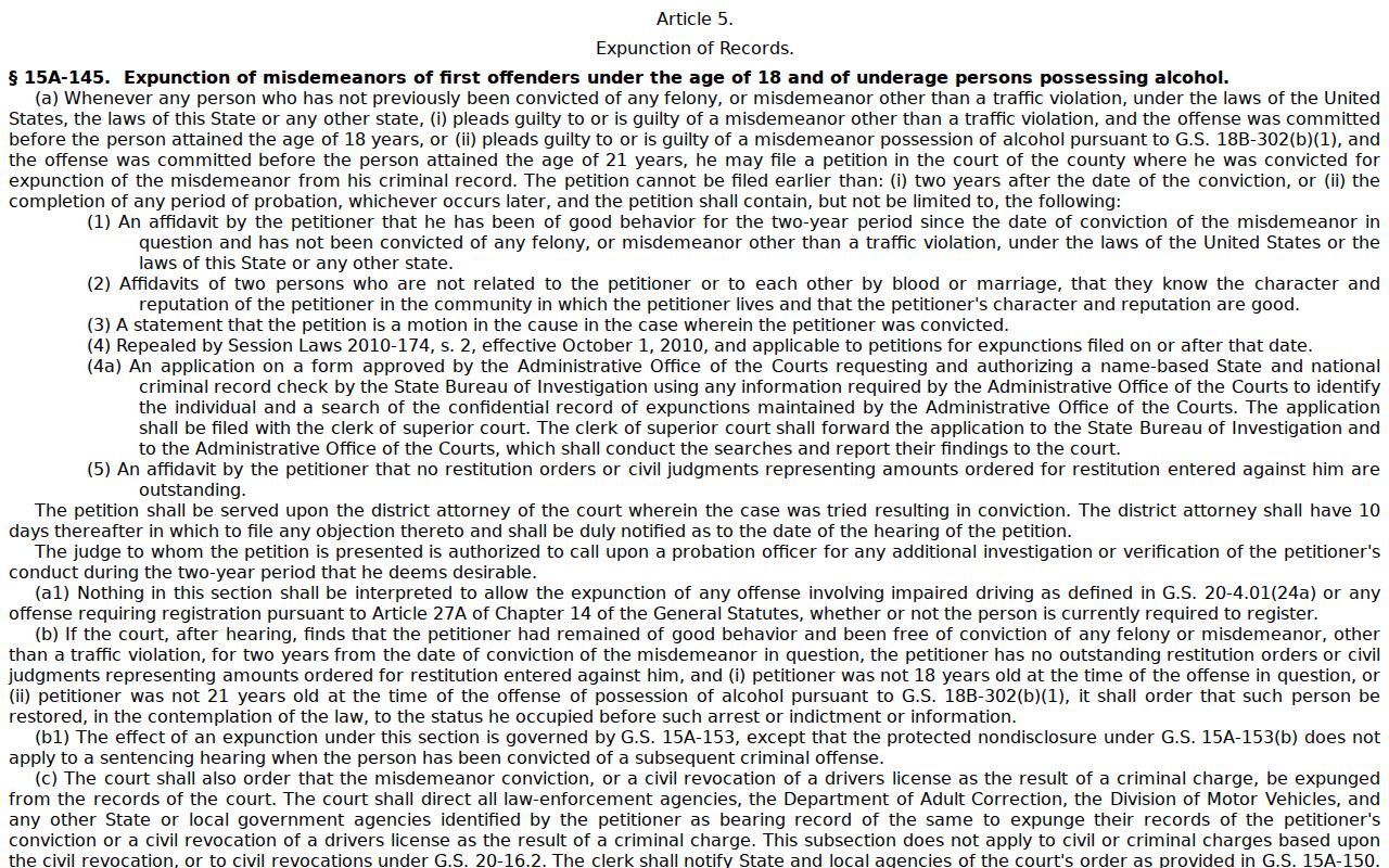 North Carolina General Statute 15A-145 expunction pathway page