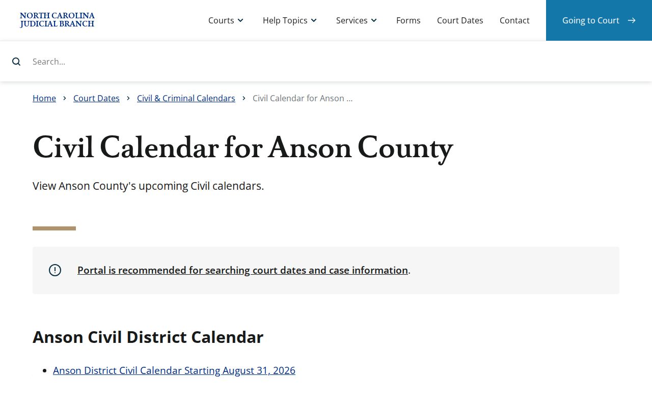 Official dynamic Anson County civil calendar interface