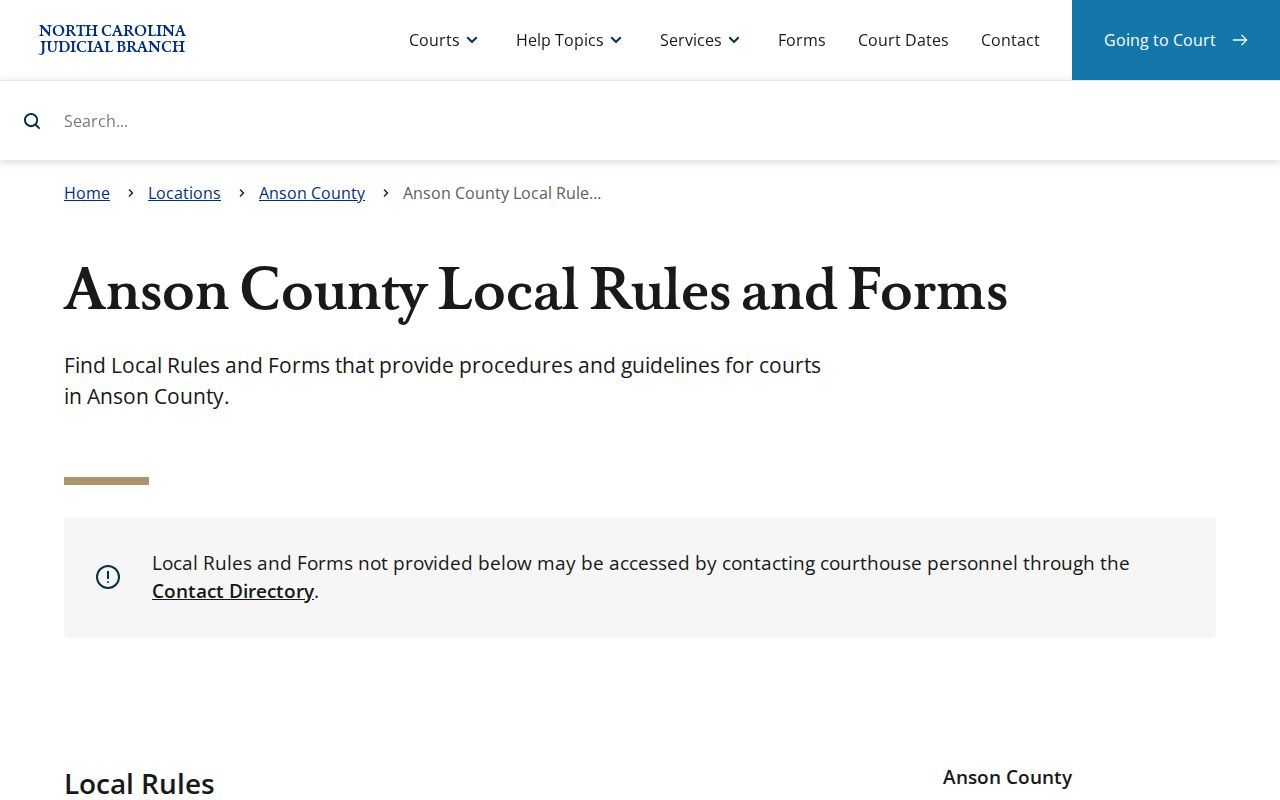 Official Anson County local rules and forms page for court schedule materials