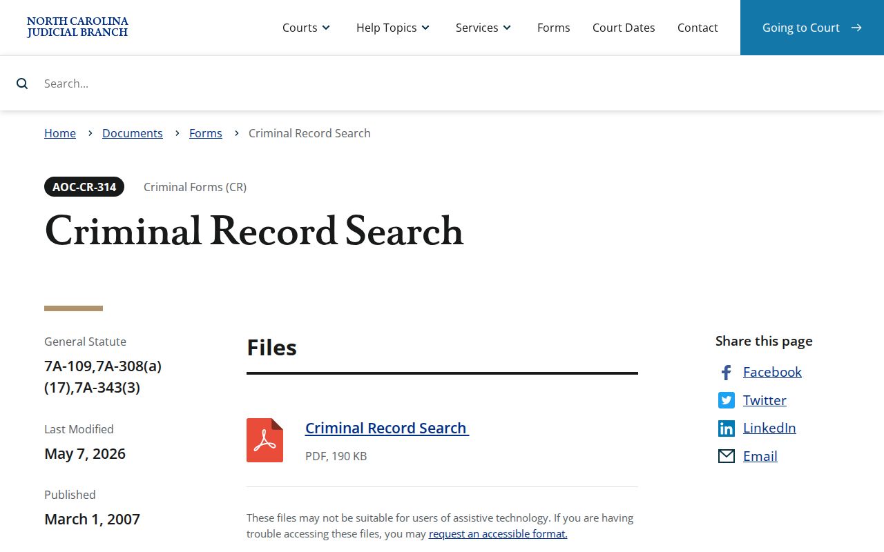 AOC-CR-314 official North Carolina criminal and infraction record-search form