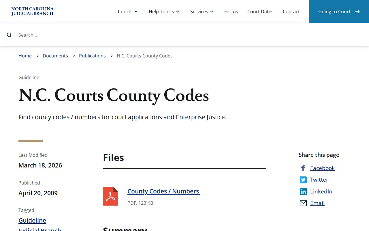 Official North Carolina Courts county code publication showing Anson Odyssey suffix 030