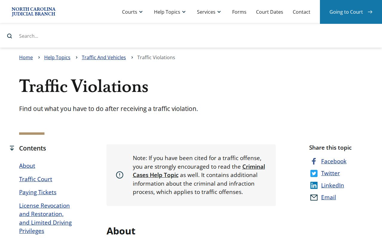 North Carolina Judicial Branch traffic citation and court-date guidance